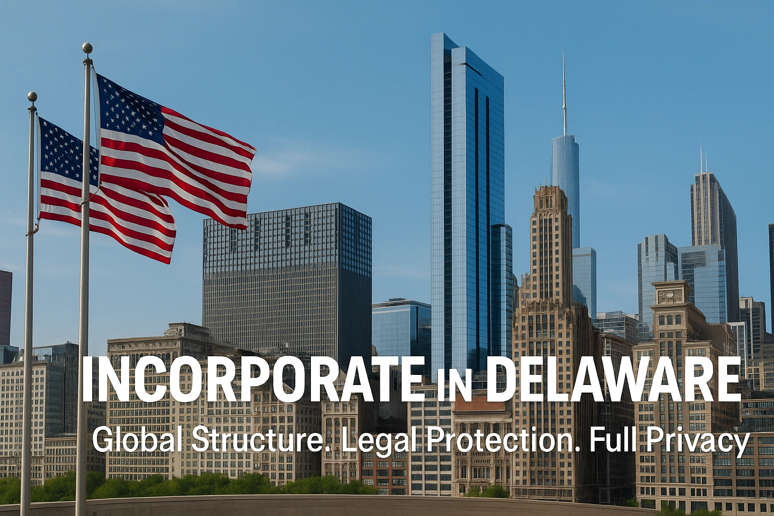 Modern skyline with U.S. flags representing business incorporation in Delaware for international entrepreneurs
