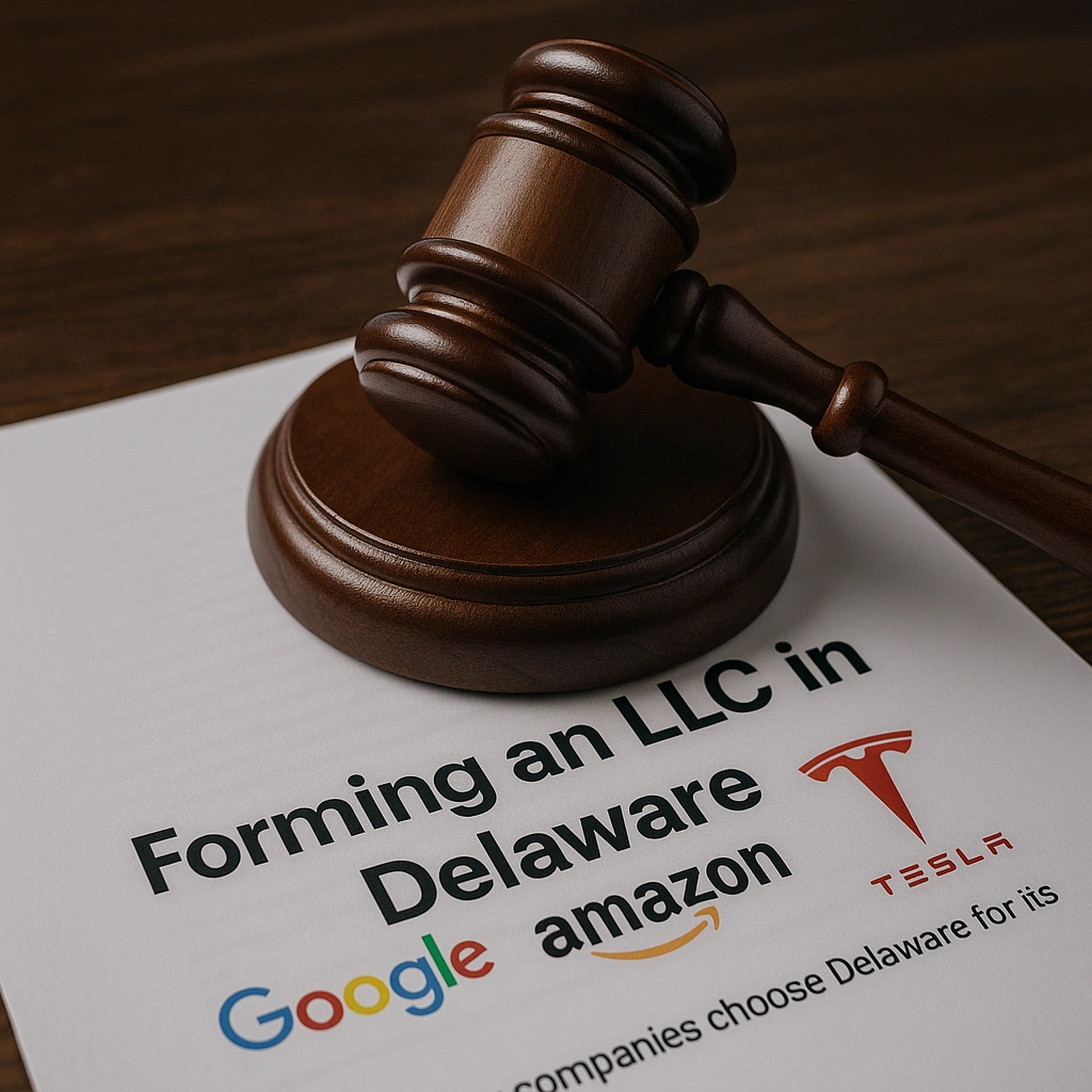 Document titled "Forming an LLC in Delaware" with a judge’s gavel and logos of Google, Amazon, and Tesla, representing corporate trust and legal credibility